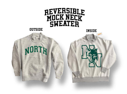 Reversible mock neck sweater with 'NORTH' text on one side and logo on the other, on a white background.