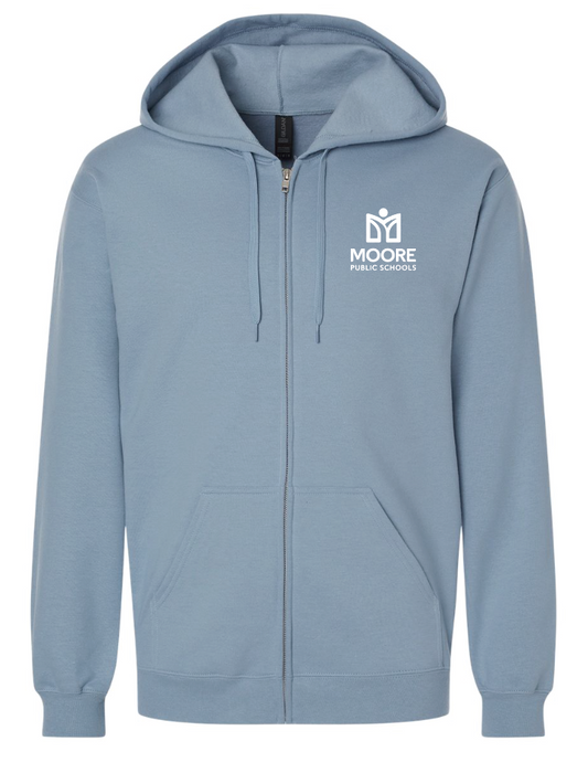Moore Public Schools "Logo" Softstyle Full Zip Hooded Sweatshirt (stone blue)