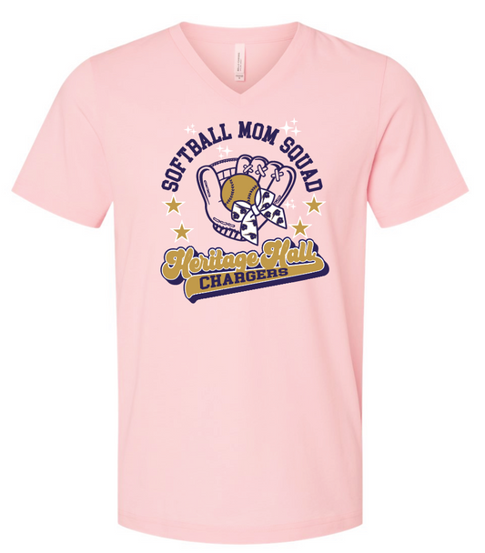 Heritage Hall High School Softball "Mom" BellaCanvas V-neck T-shirt (pink)