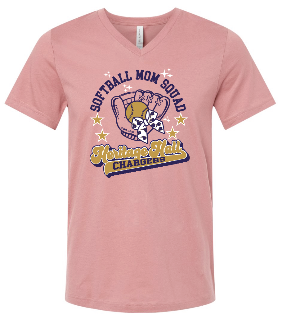 Heritage Hall High School Softball "Mom" BellaCanvas V-neck T-shirt (mauve)