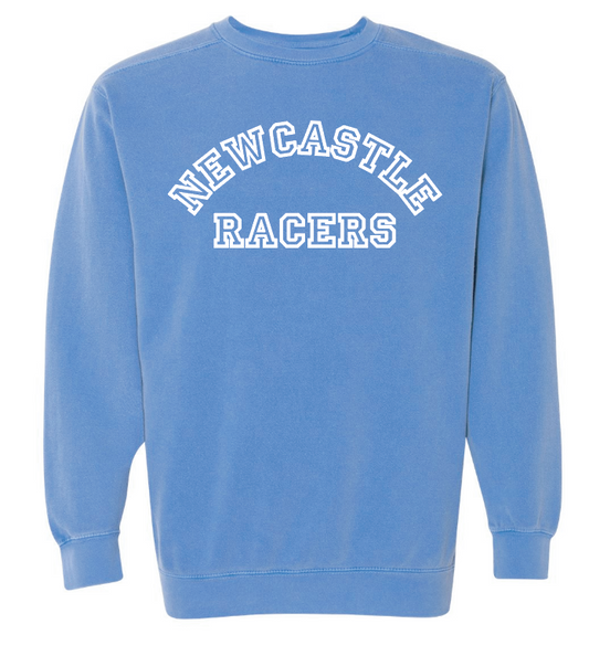 Newcastle Middle School "Curved Text" Comfort Colors Crewneck Sweatshirt (flo blue)