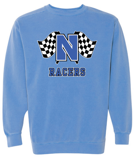 Newcastle Middle School "Racer Flags" Comfort Colors Crewneck Sweatshirt (flo blue)