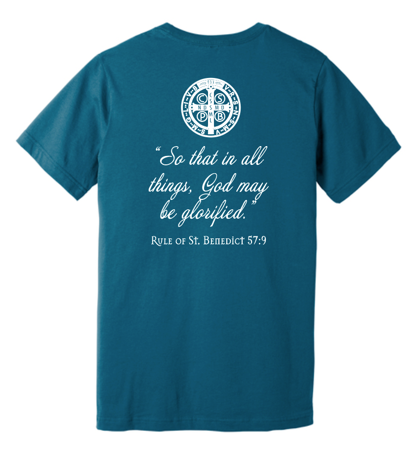 St. Gregory's Abbey S/S V-neck T-shirt (steel blue)