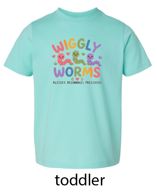 St. Andrews~Blessed Beginnings "Wiggly Worms" Design S/S T-shirt (toddler; youth; adult)