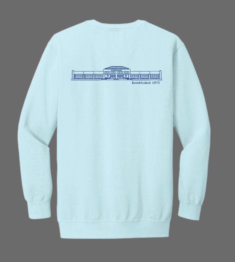 Whittier “Seaside Building” Design Comfort Colors LIGHTWEIGHT Crewneck Sweatshirt (hydrangea)