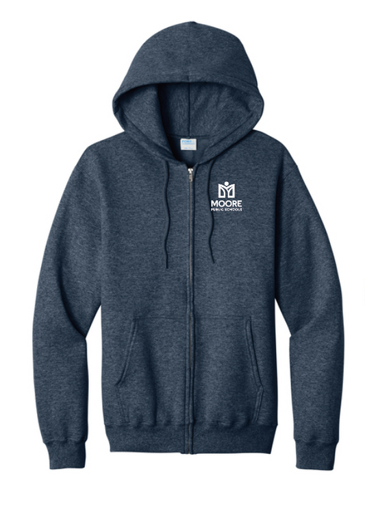 Moore Public Schools "Logo" Port & Co Unisex Full Zip Sweatshirt (htr navy)