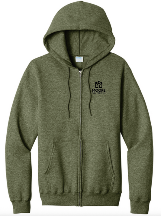 Moore Public Schools "Logo" Port & Co Unisex Full Zip Sweatshirt (htr drab green )