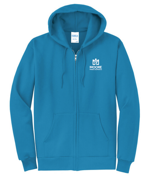 Moore Public Schools "Logo" Port & Co Unisex Full Zip Sweatshirt (neon blue)