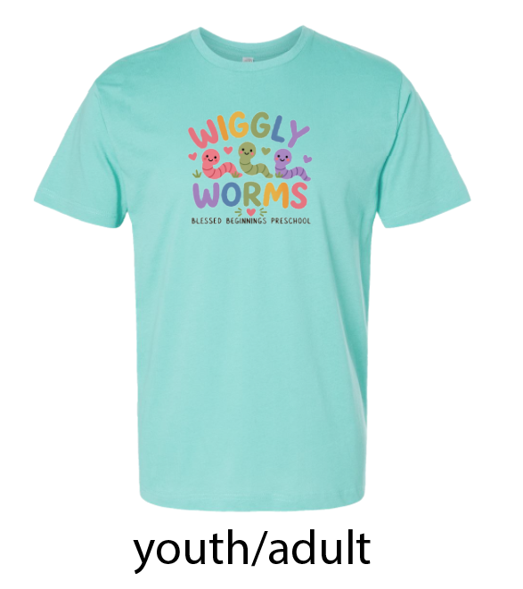 St. Andrews~Blessed Beginnings "Wiggly Worms" Design S/S T-shirt (toddler; youth; adult)
